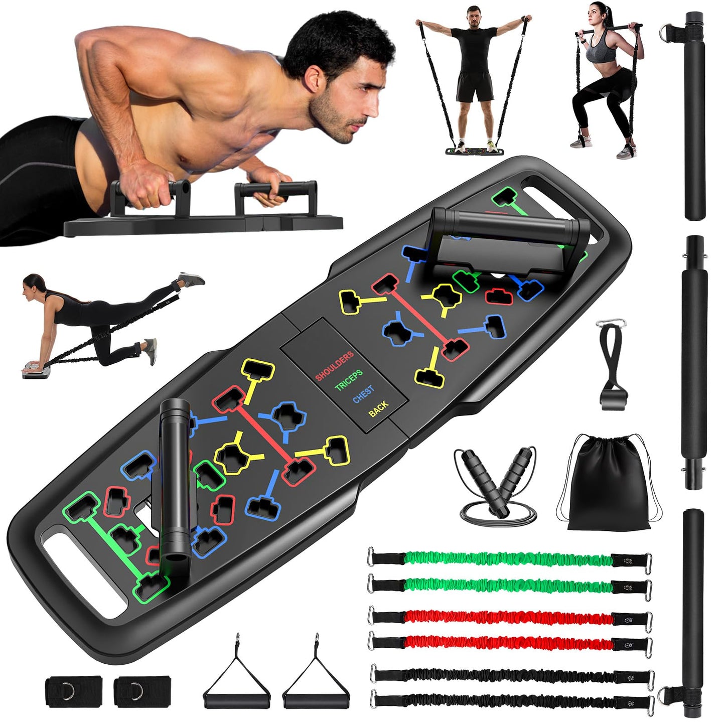KUYOU Portable Home Gym Workout Equipment Push Up Board Pilates Bar & Fitness Accessories with Resistance Bands for Upper Body Strength Training Full Body Workout at Home