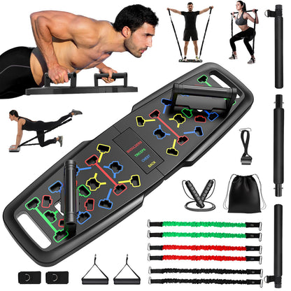 KUYOU Portable Home Gym Workout Equipment Push Up Board Pilates Bar & Fitness Accessories with Resistance Bands for Upper Body Strength Training Full Body Workout at Home