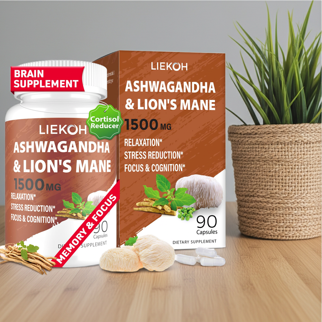 Ashwagandha & Lions Mane Supplement Capsules Brain Supplements for Memory and Focus Stress & Cortisol Reducer Ashwagandha Supplements with Rhodiola & Black Peppe Mushroom Supplement 90 Caps