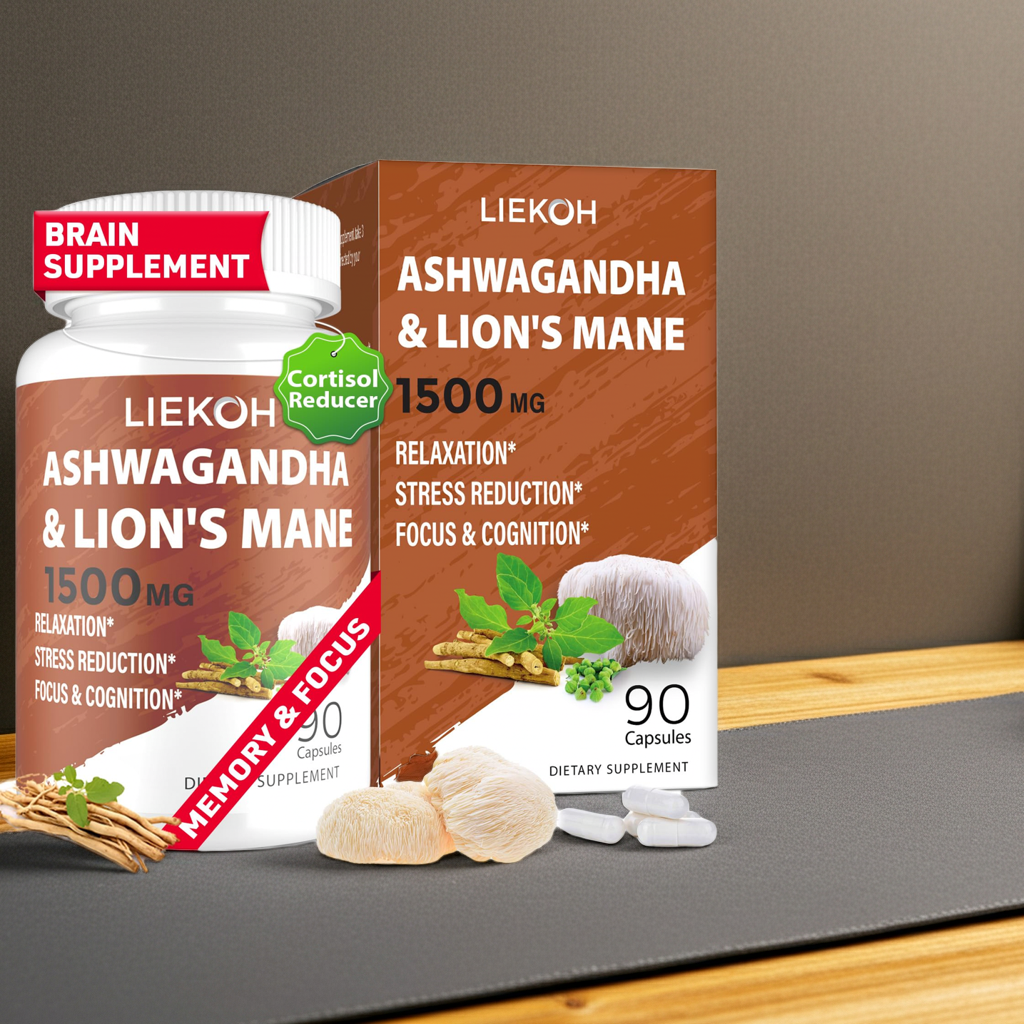Ashwagandha & Lions Mane Supplement Capsules Brain Supplements for Memory and Focus Stress & Cortisol Reducer Ashwagandha Supplements with Rhodiola & Black Peppe Mushroom Supplement 90 Caps