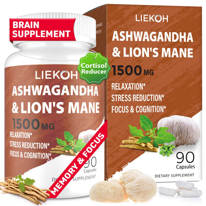 Ashwagandha & Lions Mane Supplement Capsules Brain Supplements for Memory and Focus Stress & Cortisol Reducer Ashwagandha Supplements with Rhodiola & Black Peppe Mushroom Supplement 90 Caps