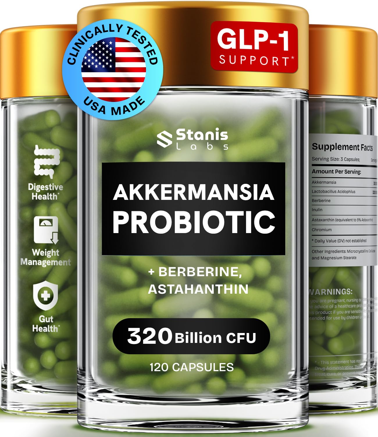 Akkermansia Probiotic 320 Billion CFU| GLP-1 Probiotic and Prebiotic | Akkermansia Muciniphila Probiotics For Women Digestive Health | Inulin Prebiotic Fiber Capsules Astaxanthin & Berberine 120 count