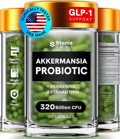 Akkermansia Probiotic 320 Billion CFU| GLP-1 Probiotic and Prebiotic | Akkermansia Muciniphila Probiotics For Women Digestive Health | Inulin Prebiotic Fiber Capsules Astaxanthin & Berberine 120 count